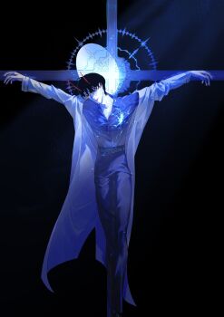 1boy absurdres belt black_hair black_shirt coat collared_shirt cracked_clothes cross crucifixion demon_horns full_body halo halo_behind_head hashtag-only_commentary head_tilt highres horns kim_dokja looking_at_viewer male_focus official_alternate_costume omniscient_reader&#039;s_viewpoint open_clothes open_coat outstretched_arms red_eyes shirt shirt_tucked_in short_hair smirk solo sparkle spotlight vivi102828 white_coat