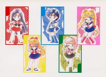 1990s_(style) 5girls ;d absurdres aino_minako artbook bishoujo_senshi_sailor_moon blonde_hair blue_boots blue_choker blue_eyes blue_hair blue_sailor_collar blue_shoes blue_skirt boots bow brown_eyes chibi chibi_only choker codename_wa_sailor_v crescent crescent_facial_mark domino_mask double_bun eye_mask facial_mark forehead_mark gloves green_boots green_choker green_eyes green_sailor_collar green_skirt group_picture hair_bow hair_bun hand_on_own_hip hand_up hands_on_own_hips highres hino_rei inner_senshi kino_makoto long_hair magical_girl mask mizuno_ami multiple_girls no_nose official_alternate_hair_color official_art one_eye_closed open_mouth pale_skin pink_hair pleated_skirt polka_dot polka_dot_background ponytail purple_hair red_boots red_bow red_choker red_high_heels red_mask red_sailor_collar red_skirt red_trim retro_artstyle sailor_collar sailor_jupiter sailor_mars sailor_mercury sailor_moon sailor_senshi sailor_senshi_uniform sailor_v scan shoes short_hair shoulder_pads skirt smile strappy_heels takeuchi_naoko tsukino_usagi v white_gloves