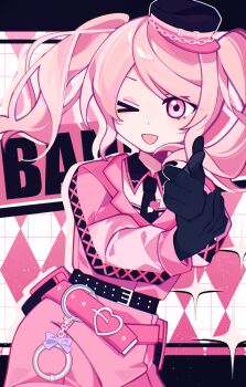 Rule 34 | > o, 1other, ;d, akiyama mizuki, argyle background, belt, black gloves, black hat, black necktie, chain, chinese commentary, chromatic aberration, commentary request, contrapposto, cowboy shot, cross-laced clothes, cross-laced sleeves, cuffs, detached collar, dot nose, english text, finger gun, gloves, grid background, handcuffs, hat, heart, highres, holding own wrist, lapels, laylayhappy, letterboxed, long hair, long sleeves, looking at viewer, necktie, one eye closed, open mouth, other focus, outside border, pants, pink background, pink belt, pink eyes, pink pants, pink shirt, pink theme, pink trim, project sekai, puffy long sleeves, puffy sleeves, shirt, simple background, smile, solo, standing, studded belt, swept bangs, tie clip, twintails, white background, wind