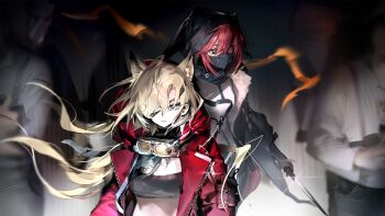 Rule 34 | 2girls, animal ear hood, animal ears, arknights, artist request, behind another, black jacket, black mask, black tube top, blonde hair, blue eyes, closed mouth, crownslayer (arknights), eirene lavazza (arknights), extra ears, eyepatch, fake animal ears, game asset, goggles, goggles around neck, highres, holding, holding weapon, hood, hood up, jacket, long hair, looking down, looking to the side, mask, mouth mask, multiple girls, official art, red eyes, red hair, red jacket, shirt, strapless, third-party source, tube top, weapon, white shirt, wolf ears, wolf girl