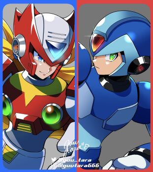 Rule 34 | 2boys, armor, blonde hair, blue armor, blue border, blue eyes, blue helmet, border, chest jewel, forehead jewel, grey background, guutara, helmet, highres, long hair, male focus, mega man (series), mega man x (series), multiple boys, red armor, red border, red eyes, red helmet, signature, simple background, upper body, x (mega man), zero (mega man)