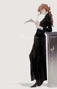 Rule 34 | 1girl, artist name, black dress, black shoes, blue eyes, dress, from side, full body, gynger edventray (hiiragimare), highres, hiiragimare, hogwarts legacy, holding, holding paper, holding quill, leaning on object, long hair, original, paper, ponytail, quill, red hair, shoes, simple background, solo, white background, wizarding world, writing
