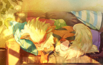 Rule 34 | arcanine, blanket, blush stickers, cleffa, closed eyes, closed mouth, commentary request, couch, cushion, dappled sunlight, gen 1 pokemon, gen 2 pokemon, highres, indoors, lying, nintendo, no humans, piyokonoenikki 04, plant, pokemon, pokemon (creature), potted plant, sleeping, smile, sunlight