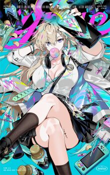 1girl aqua_necktie black_skirt blonde_hair blowing_bubble_gum braid braided_bangs breasts character_name chewing_gum cleavage commentary earrings english_text graffiti hair_ornament headphones headphones_around_neck highres id_card jewelry lying lynae_(wuthering_waves) mole mole_on_breast mzet necktie on_back pleated_skirt purple_eyes shirt_tucked_in skirt skull_hair_ornament solo spray_can star_(symbol) star_earrings tacet_mark_(wuthering_waves) thighs video_game wuthering_waves