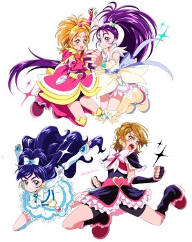 4girls artist_name bike_shorts black_dress black_gloves black_leg_warmers black_shorts blue_eyes blue_hair blue_sash boots bow brooch brown_eyes brown_hair clenched_hands commentary cure_black cure_bloom cure_egret cure_white detached_sleeves dress earrings eye_contact fingerless_gloves full_body futari_wa_precure futari_wa_precure_max_heart futari_wa_precure_splash_star gloves hair_bow heart heart_brooch heart_earrings high_ponytail highres holding_hands hyuuga_saki interlocked_fingers jewelry leg_warmers long_hair looking_at_another looking_at_viewer magical_girl mishou_mai misumi_nagisa multiple_girls open_mouth orange_eyes orange_hair pink_bow pink_dress pink_leg_warmers pink_shoes ponytail precure purple_boots purple_eyes purple_gloves purple_hair purple_shorts red_bow sash shirako_love shoes short_hair shorts simple_background smile symbol-only_commentary twitter_username v-shaped_eyebrows very_long_hair white_background white_boots white_bow white_dress white_leg_warmers white_sleeves yukishiro_honoka