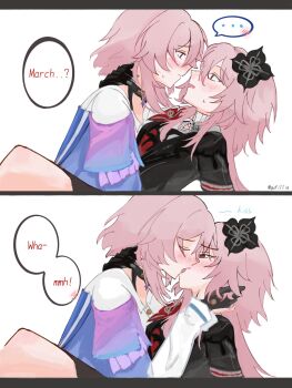 ... 2girls black_gloves black_jacket blush closed_eyes closed_mouth commentary dual_persona english_commentary english_text evernight_(honkai:_star_rail) french_kiss gloves highres honkai:_star_rail honkai_(series) jacket kiss long_hair march_7th_(honkai:_star_rail) march_7th_(preservation)_(honkai:_star_rail) multiple_girls open_mouth pink_hair purple_shirt red_eyes selfcest shirt simple_background speech_bubble spoken_ellipsis sweat white_background yufillia yuri