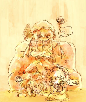 Rule 34 | 3girls, ?, baby, beret, female focus, hat, hong meiling, izayoi sakuya, korean text, long hair, multiple girls, pacifier, remilia scarlet, short hair, sketch, tima, touhou, translated, wings, aged down