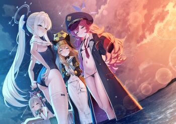 4girls adjusting_clothes adjusting_swimsuit animal_ear_headwear armband ass bikini bikini_under_clothes black_bikini black_hat black_veil blue_archive blue_eyes blue_halo blue_one-piece_swimsuit blush breasts cameltoe commentary_request covered_erect_nipples cowboy_shot dutch_angle fake_animal_ears fluffy_hair frilled_one-piece_swimsuit frills gehenna_academy_logo grey_eyes hair_between_eyes halo hat heavy_lens_flare iroha_(blue_archive) jacket lens_flare long_hair long_sleeves looking_at_viewer mari_(blue_archive) matanonki miyako_(blue_archive) miyako_(swimsuit)_(blue_archive) multiple_girls mutsuki_(blue_archive) mutsuki_(dress)_(blue_archive) navel necktie nun off-shoulder_one-piece_swimsuit off_shoulder official_alternate_costume one-piece_swimsuit orange_hair pandemonium_society_(blue_archive) peaked_cap ponytail purple_eyes purple_halo red_armband red_hair red_necktie shooting_star small_breasts smile sparkle swimsuit swimsuit_under_clothes twilight veil wading white_hair yellow_halo