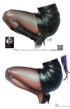 2girls absurdres art_study black_pantyhose black_shoes black_skirt black_thighhighs blue_hair commentary english_commentary high_heels highres jill_stingray long_hair multiple_girls original pantyhose reference_inset rnna shoes simple_background skirt squatting thighhighs va-11_hall-a white_background