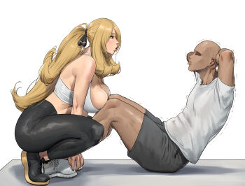 1boy 1girl absurdres alternate_hairstyle black_pants blonde_hair breasts cleavage cynthia_(pokemon) dark-skinned_male dark_skin exercising faceless faceless_male highres holding_another's_ankle large_breasts long_hair nintendo pants pokemon pokemon_dppt ponytail realistic sit-up sports_bra squatting wasabishouyu white_sports_bra yoga_pants