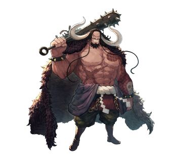 1boy abs absurdres beard black_hair bracelet cape chagallkun clenched_teeth club club_(weapon) facial_hair full_body fur_cape green_pants highres horns jewelry kaidou_(one_piece) kanabou long_hair male_focus muscular muscular_male one_piece pants scar simple_background solo spiked_bracelet spikes standing tattoo teeth topless_male weapon white_background
