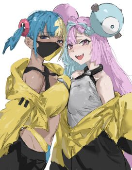 2girls asymmetrical_docking bandeau black_mask blonde_hair blue_eyes blue_hair bow-shaped_hair breast_press breasts canari_(pokemon) character_hair_ornament commentary criss-cross_straps dark-skinned_female dark_skin hair_ornament highres in-franchise_crossover iono_(pokemon) jacket long_hair looking_at_viewer mask medium_breasts mouth_mask multicolored_hair multiple_girls navel nintendo pokemon pokemon_legends:_z-a pokemon_sv raberu_ruru sharp_teeth short_twintails simple_background sleeves_past_fingers sleeves_past_wrists small_breasts smile split-color_hair teeth twintails two-tone_hair two-tone_mask yellow_bandeau yellow_jacket yellow_mask