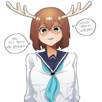 Rule 34 | 1girl, absurdres, antlers, blue neckerchief, blue sailor collar, breasts, brown hair, commentary request, deer antlers, deer girl, double-parted bangs, green eyes, hair between eyes, highres, hino minami high school uniform, horns, korean commentary, korean text, long sleeves, looking at viewer, medium breasts, neckerchief, nightcore (n19htc0r333), open mouth, sailor collar, school uniform, shaded face, shikanoko noko, shikanoko nokonoko koshitantan, shirt, short hair, simple background, smile, solo, speech bubble, talking, translation request, upper body, white background, white shirt