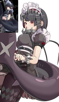 1girl absurdres black_hair black_pantyhose breasts colored_inner_hair commentary_request cosmetic_koucha ellen_joe fins fish_tail from_side game_screenshot_inset hair_ornament hairband highres large_breasts large_tail maid maid_headdress metal_hairband mole mole_on_arm mole_under_eye multicolored_hair pantyhose razor_blade_hair_ornament red_eyes red_hair scar scar_on_tail screenshot_inset shark_girl shark_tail short_hair simple_background solo spiked_headband tail two-tone_hair white_background zenless_zone_zero