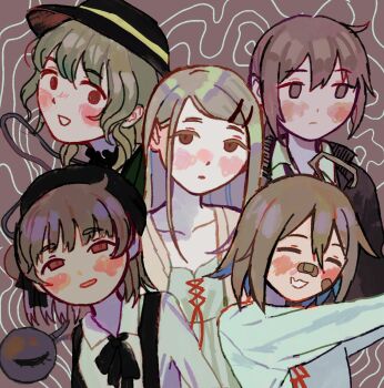 5girls ahoge beret black_bow black_bowtie black_hat black_jacket blonde_hair blush bow bowtie brown_background brown_eyes brown_hair brown_robe camisole closed_eyes closed_mouth collarbone collared_shirt commentary crossover do_it_yourself!! double-parted_bangs facing_viewer gakuen_idolmaster girls'_frontline green_hair hair_between_eyes hair_ornament hairclip half-closed_eyes hat hatoba_tsugu idolmaster io_(onisarashi) jacket komeiji_koishi long_hair looking_at_viewer looking_to_the_side m200_(girls'_frontline) medium_hair multiple_girls open_clothes open_jacket open_mouth open_robe parallel_hairclips ponytail robe shinosawa_hiro shirt smile swept_bangs third_eye touhou tsugu_(vtuber) virtual_youtuber white_camisole white_shirt yua_serufu