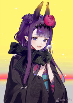 1girl absurdres black_gloves black_scarf braid braided_bun breath bun_with_braided_base double_bun film_grain flower gloves hair_bun hair_flower hair_ornament hand_up headpiece highres hololive hololive_english horns japanese_clothes kimono long_hair looking_at_viewer mole mole_under_eye ninomae_ina'nis ninomae_ina'nis_(new_year) noise obi open_mouth pointy_ears purple_eyes purple_hair sash scarf sidelocks smile solo twitter_username upper_body virtual_youtuber xi_liu