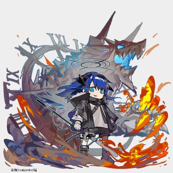 1girl arknights asymmetrical_gloves black_boots black_gloves black_jacket black_shorts blue_eyes blue_hair boots chibi commentary_request dark_halo demon_horns detached_wings dual_wielding energy_wings fire full_body fur-trimmed_hood fur_trim gloves glowing glowing_eye grey_background halo highres holding holding_staff hood hooded_jacket horns jacket long_hair long_sleeves looking_at_viewer mismatched_gloves mostima_(arknights) mutomorokoshi official_art_redraw open_clothes originium_arts_(arknights) parted_lips shirt shorts simple_background smile solo staff standing tail white_gloves white_shirt wings