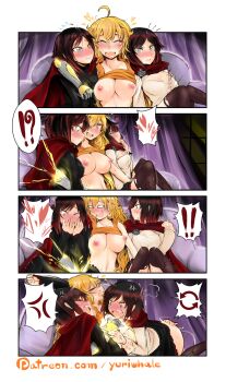 ! !? 3girls ^_^ ahoge anger_vein angry arm_around_neck artist_name black_hair black_shirt blonde_hair blouse blush breasts cape cleavage cleavage_cutout cloak closed_eyes clothes_lift clothing_cutout comic covering_own_mouth curtains dual_persona electricity fingering full-face_blush glowing grey_eyes groping hair_between_eyes hand_on_ass hand_on_breast hand_over_own_mouth heart highres holding_another's_wrist incest large_breasts long_hair long_sleeves medium_breasts moaning multiple_girls nipples o_o open_mouth prosthesis prosthetic_arm purple_eyes ruby_rose rwby saliva sequential shirt short_hair siblings sisters sitting smile speech_bubble spoken_anger_vein spoken_exclamation_mark spoken_heart spoken_interrobang sweat swept_bangs tank_top tears text_focus thighhighs tongue tongue_out v-shaped_eyebrows wavy_hair white_shirt yang_xiao_long yuri yuriwhale