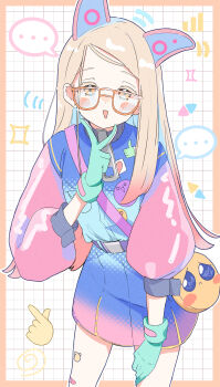 1girl absurdres animal_ears badge bag bandaid bandaid_on_leg belt blonde_hair blue_jacket blue_skirt blush blush_stickers border button_badge cat_ears checkered_background colored_eyelashes commentary_request cowboy_shot emoji fake_animal_ears flipped_hair gakuen_idolmaster glasses gloves gradient_clothes gradient_hair gradient_jacket gradient_skirt green_gloves hand_up highres idolmaster jacket long_hair long_sleeves looking_at_viewer miniskirt miracle_na_now!_(idolmaster) multicolored_hair open_mouth orange-framed_eyewear orange_border outside_border pink_hair pink_jacket pink_skirt pleading_face_emoji puffy_long_sleeves puffy_sleeves raichita shinosawa_hiro shoulder_bag skirt solo speech_bubble standing sticker_on_leg swept_bangs v yellow_bag zipper_pull_tab