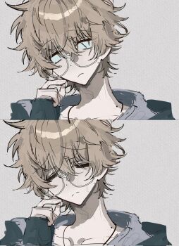 Rule 34 | 1boy, brown eyes, brown hair, closed eyes, closed mouth, corrupted twitter file, glasses, grey background, hair between eyes, hand up, highres, looking at viewer, male focus, mole, mole on cheek, mole on neck, multiple views, original, raised inner eyebrows, sanpaku, short hair, simple background, sini user, small sweatdrop