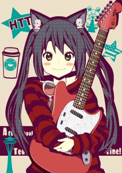 1girl absurdres american_flag animal_ear_fluff animal_ears black_hair blush_stickers brown_eyes casual cat_ears closed_mouth commentary_request cup disposable_cup electric_guitar fake_animal_ears fender_mustang ferris_wheel guitar highres holding holding_guitar holding_instrument hugging_object instrument k-on! laika2slip long_hair long_sleeves nakano_azusa red_shirt shirt smile solo striped_clothes striped_shirt twintails