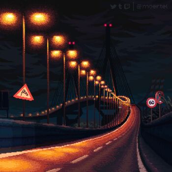 animated animated_gif artist_name bird car elevated_highway highway lamppost looping_animation moertel motor_vehicle night no_humans original outdoors overcast pixel_art road road_sign scenery sign sky speed_limit_sign