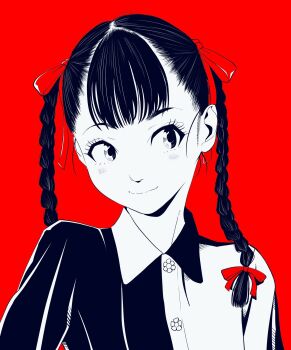 1girl braid collared_shirt commentary_request greyscale_with_colored_background hair_ribbon highres lee_(dragon_garou) original portrait red_background red_ribbon ribbon shirt smile solo twin_braids two-tone_shirt