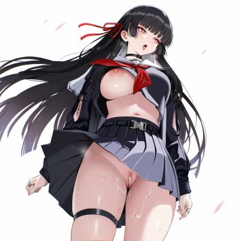 1girl absurdres arm_cutout ateoyh black_choker black_hair black_serafuku black_shirt black_skirt breasts censored chisa_(wuthering_waves) choker clothing_cutout commentary_request cowboy_shot cum cum_in_pussy cum_on_body cum_on_legs cumdrip drooling hair_ribbon highres large_breasts long_hair long_sleeves looking_to_the_side mole mole_under_eye navel neckerchief nipples no_bra one_breast_out open_mouth paid_reward_available partial_commentary pasties red_eyes red_neckerchief red_ribbon ribbon sailor_collar saliva school_uniform serafuku shirt simple_background skirt solo stomach sweat tacet_mark_(wuthering_waves) thigh_strap thighs tongue tongue_out underwear white_background white_sailor_collar wind wuthering_waves