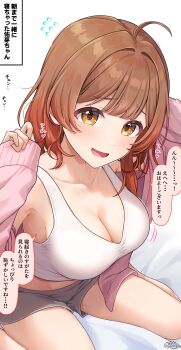 1girl absurdres ahoge blush breasts brown_eyes brown_hair cleavage collarbone commentary_request dolphin_shorts flying_sweatdrops gakuen_idolmaster grey_shorts hanami_ume highres idolmaster jacket looking_at_viewer medium_hair midriff open_clothes open_jacket open_mouth pink_jacket ramchi shorts sitting smile solo speech_bubble tank_top thighs translation_request wariza white_tank_top
