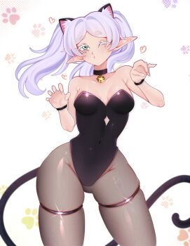 1girl absurdres animal_ears bare_shoulders bell black_choker black_leotard black_pantyhose cat_ears cat_tail choker elf frieren grey_hair highres leotard neck_bell one_eye_closed pantyhose parted_bangs pointy_ears sitraell solo sousou_no_frieren tail