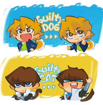 Rule 34 | 2boys, arm up, black shirt, blonde hair, blue jacket, brown eyes, brown hair, cat tail, closed mouth, collared jacket, commentary, crossed arms, dog tail, dot nose, double-parted bangs, english text, flying sweatdrops, frown, green shirt, highres, inkerpape, jacket, jitome, jonouchi katsuya, kaiba seto, long sleeves, male focus, multiple boys, nervous sweating, open clothes, open jacket, open mouth, sanpaku, shirt, sweat, symbol-only commentary, tail, teeth, upper teeth only, v-shaped eyebrows, white jacket, yu-gi-oh!, yu-gi-oh! duel monsters