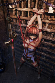 Rule 34 | 1girl, absurdres, ball gag, bdsm, blindfold, bondage, boots, bound, bound wrists, breasts, celica (fire emblem), chain, commission, dress, fire emblem, fire emblem heroes, gag, gagged, hands up, highres, medium hair, nintendo, orange hair, red rope, restrained, rope, saliva, second-party source, sharpffffff, shibari, solo, standing, sword, thigh boots, torn boots, torn clothes, torn dress, weapon, white dress
