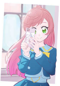 1girl absurdres blue_jacket blue_skirt blunt_ends blurry blurry_background bow bowtie cellphone closed_mouth commentary depth_of_field green_eyes hair_bun highres hirogaru_sky!_precure holding holding_phone indoors itaoka1 jacket long_hair long_sleeves looking_at_viewer nijigaoka_mashiro phone pink_hair pleated_skirt precure school_uniform shirt single_hair_bun skirt smartphone smile solo sorashido_academy_school_uniform standing taking_picture white_shirt yellow_bow yellow_bowtie