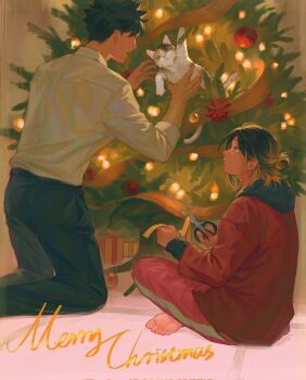 Rule 34 | 2boys, animal, arm up, barefoot, black hair, black hood, black pants, blonde hair, brown eyes, calico (pattern), calico cat, cat, christmas, christmas tree, christmas ornaments, collared shirt, commentary, english commentary, english text, gift, haikyuu!!, hair behind ear, hair bun, hebi86070749, highres, holding, holding scissors, hood, hood down, hoodie, indian style, jacket, kneeling, kozume kenma, kuroo tetsurou, long sleeves, looking at another, male focus, medium hair, merry christmas, multicolored cat, multicolored hair, multiple boys, pants, red jacket, red pants, ribbon, scissors, shirt, shirt tucked in, sideways mouth, sitting, sleeve cuffs, smile, teeth, tree, white shirt, yellow ribbon