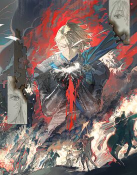 1boy absurdres animal bird blonde_hair blue_eyes dimitri_alexandre_blaiddyd dove fire_emblem fire_emblem:_three_houses garreg_mach_monastery_uniform gongzuotianxiadiyi highres holding holding_animal holding_bird horseback_riding knight looking_at_viewer male_focus nintendo one_eye_closed riding solo_focus