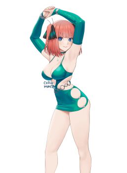 1girl absurdres arms_up artist_name blue_eyes breasts butterfly_hair_ornament carlo_montie cleavage closed_mouth commentary detached_sleeves dress feet_out_of_frame go-toubun_no_hanayome green_sleeves hair_ornament highres jewelry looking_at_viewer medium_breasts microdress mixed-language_commentary nakano_nino necklace pink_hair revealing_clothes short_hair simple_background smile solo two_side_up white_background