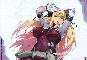 Rule 34 | absurdres, artbook, blonde hair, bodysuit, breasts, breasts apart, curvy, gloves, happy, highres, impossible clothes, large breasts, lips, long hair, looking at viewer, official art, one eye closed, scan, shatte judevesten, shiny clothes, smile, solo, super robot wars, super robot wars x-omega, teeth, tongue, tongue out, translation request, upper teeth only, watanabe wataru (character designer), wide hips, wink
