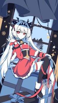 1girl absurdres alternate_costume antlers asymmetrical_legwear bell black_headband black_thighhighs bow bowtie box cape capelet choker christmas closed_mouth coat colored_skin cup deer_antlers dress drinking_glass fake_antlers frilled_choker frills fur-trimmed_cape fur-trimmed_coat fur-trimmed_dress fur-trimmed_jacket fur-trimmed_shoes fur-trimmed_sleeves fur_trim gift gift_box hair_ribbon hairband hand_on_own_knee hand_up headband highres horns incredibly_absurdres jacket kiritapon_(ihoke_) leaning_back lilith_(the_noexistencen_of_you_and_me) long_hair looking_at_viewer mismatched_legwear neck_bell neck_ribbon pale_skin red_capelet red_coat red_dress red_eyes red_ribbon red_sleeves ribbon santa_costume santa_dress shirt sitting sitting_on_gift_box skirt smile solo the_noexistencen_of_you_and_me thighhighs tree twintails very_long_hair white_hair white_skin window wine_glass winter winter_clothes winter_coat wrist_cuffs