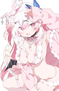 Rule 34 | 1girl, absurdres, ahoge, arm up, armpits, belt, bikini, black choker, blush, braid, breasts, butterfly hair ornament, choker, cleavage, commentary request, cowboy shot, cross, cross necklace, double-parted bangs, dragon girl, dragon horns, dragon tail, fang, frilled jacket, frills, hair between eyes, hair ornament, hairband, heart, heart ahoge, heart hair ornament, highres, horns, jacket, jewelry, large breasts, long hair, long sleeves, looking at viewer, navel, necklace, open clothes, open jacket, open mouth, original, pink eyes, pink hair, pink hairband, pink horns, pink jacket, simple background, single braid, skin fang, sleeves past wrists, solo, swimsuit, tail, thigh belt, thigh strap, urotsuki (ku9625), white background, white bikini, x hair ornament