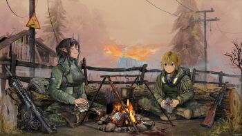 Rule 34 | 2girls, :3, = =, ak-47, anti-materiel rifle, assault rifle, black hair, blonde hair, bolt action, boots, breasts, bullpup, campfire, cat, chernobyl, closed eyes, cooking pot, crossed legs, dsr-50, estonian flag, frown, gas mask, gun, handgun, helmet, highres, jacket, kalashnikov rifle, large breasts, log, marichka, mask, medium hair, military uniform, multiple girls, nuclear powerplant, on ground, oni, open clothes, open jacket, original, petting, pointy ears, ponytail, power lines, radiation symbol, rifle, russo-ukrainian war, short hair, signature, signpost, smile, sniper rifle, stalker (game), sun, tomboy, ukraine, ukrainian flag, unworn headwear, unworn helmet, usergore, utility pole, weapon, z (russian symbol)