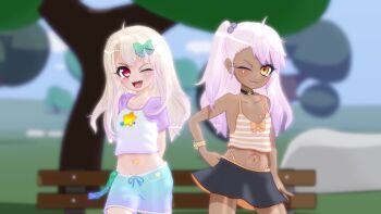 2girls 3d ahoge asymmetrical_hair bare_arms blonde_hair chloe_von_einzbern choker closed_mouth collarbone condom condom_packet_strip condom_wrapper dark-skinned_female dark_skin fate/kaleid_liner_prisma_illya fate_(series) female_focus flat_chest grin gs-mantis hair_bobbles hair_ornament hand_on_own_hip highres illyasviel_von_einzbern loli looking_at_viewer multiple_girls one_eye_closed orange_eyes pink_hair red_eyes shirt smile thong wink