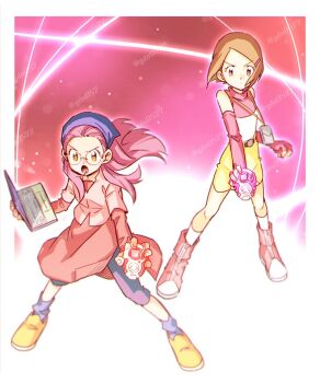 2girls black_pants border brown_eyes brown_hair computer d-3_(digimon) digimon digimon_adventure_02 full_body gdn0522 glasses high_collar holding holding_laptop inoue_miyako laptop long_hair multiple_girls pants pink_background pink_shirt pink_skirt purple_hair round_eyewear shirt short_hair shorts skirt sleeveless sleeveless_shirt standing white_border white_shirt yagami_hikari yellow_shorts