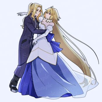 1boy 1girl ahoge archetype_earth arcueid_brunestud arm_around_shoulder bare_shoulders blonde_hair blue_bow blue_skirt bow breasts cleavage commentary_request curtained_hair dancing detached_sleeves dress dress_bow floating_clothes floating_hair glasses gold_trim hair_intakes hand_around_waist hashikko69 highres jewelry long_hair long_skirt michael_roa_valdamjong michael_roa_valdamjong_(human) necklace ponytail priest red_eyes sample_watermark skirt tsukihime tsukihime_(remake) tunic very_long_hair watermark wavy_hair white_dress