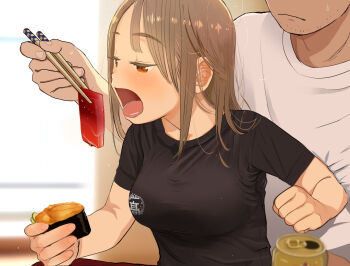 Rule 34 | 1boy, 1girl, beer can, black shirt, breasts, brown hair, can, chopsticks, closed mouth, drink can, feeding, food, half-closed eyes, hetero, holding, holding chopsticks, holding food, large breasts, long hair, masuda (yousaytwosin), open mouth, orange eyes, original, shirt, short sleeves, sitting, sitting on lap, sitting on person, solo focus, sushi, tongue, tongue out, white shirt