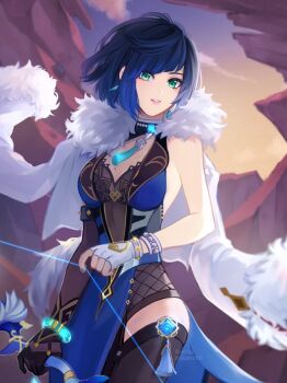 1girl black_gloves black_hair black_leotard blue_hair bob_cut breasts cleavage diagonal_bangs dice earrings fingerless_gloves fur_trim genshin_impact gloves gradient_hair green_eyes jewelry large_breasts leotard looking_at_viewer medium_breasts mikanchii mole mole_on_breast multicolored_hair short_hair solo tassel white_gloves yelan_(genshin_impact)