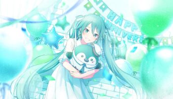 1girl aqua_eyes aqua_hair aqua_theme balloon banner blurry bokeh colorful_palette confetti cosplay depth_of_field dress earrings game_cg grin hair_between_eyes hair_ribbon happy_anniversary hatsune_miku hatsune_miku_(cosplay) highres holding holding_stuffed_toy jewelry long_hair looking_at_viewer official_art phenny_(project_sekai) project_sekai ribbon smile solo sparkle star_(symbol) star_balloon stuffed_toy teeth third-party_source twintails very_long_hair vocaloid white_dress white_ribbon