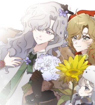 Rule 34 | 1boy, 3girls, avgust (reverse:1999), black gloves, blonde hair, blue eyes, bouquet, brown coat, coat, collared shirt, commentary request, fang, fang out, flower, fur-trimmed coat, fur hat, fur trim, gloves, green necktie, grey hair, grey scarf, hair over one eye, hand up, hat, headscarf, holding, holding bouquet, holding flower, kiperina, korean commentary, long hair, looking to the side, mole, mole under mouth, multiple girls, necktie, purple eyes, red headscarf, reverse:1999, s2ds, scarf, shirt, short hair, sunflower, teacher and student, ushanka, vila (reverse:1999), white background, white flower, white hair, white shirt, windsong (reverse:1999), yellow flower