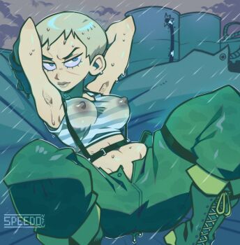 1girl armpits arms_behind_head artist_name barrel blonde_hair blue_eyes breasts bullet_hole crop_top legs looking_at_another medium_breasts metal_gear_(series) metal_gear_solid_2:_sons_of_liberty midrif navel nipples olga_gurlukovich rain scar scar_on_face see-through_clothes see-through_shirt shirt short_hair solo speedoru unbuttoned water wet wet_clothes wet_shirt
