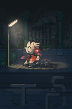 Rule 34 | animal nose, body fur, claws, eye trail, facing away, fence, gen 7 pokemon, glowing, glowing eyes, highres, iron fence, lamppost, light trail, looking back, lycanroc, lycanroc (midnight), mane, night, nintendo, no humans, outdoors, petite echorizon, pokemon, pokemon (creature), red fur, snout, solo, tail, two-tone fur, white fur, wolf, wolf tail