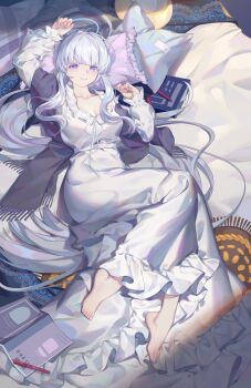 1girl absurdres arm_up barefoot black_shawl blue_archive blunt_bangs blush book breasts chinese_commentary cleavage collarbone commentary_request dongxu frilled_nightgown full_body hair_spread_out halo highres indoors large_breasts long_hair long_sidelocks looking_at_viewer lying mechanical_halo nightgown noa_(blue_archive) noa_(pajamas)_(blue_archive) official_alternate_costume official_alternate_hairstyle on_back on_bed open_book pillow ponytail purple_eyes shawl sidelocks solo toes very_long_hair white_hair white_halo white_nightgown